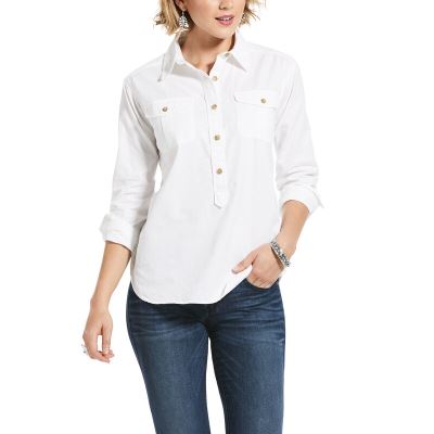 Ariat Western: Washed Twill Popover Camisa Mujer - Blancas (UFBAQ8195)